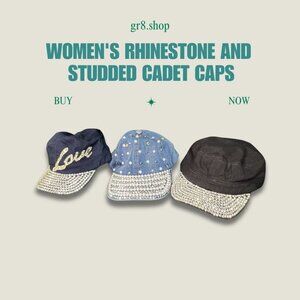 Womens Rhinestone & Studded Cadet Caps - Denim Black & Navy Options